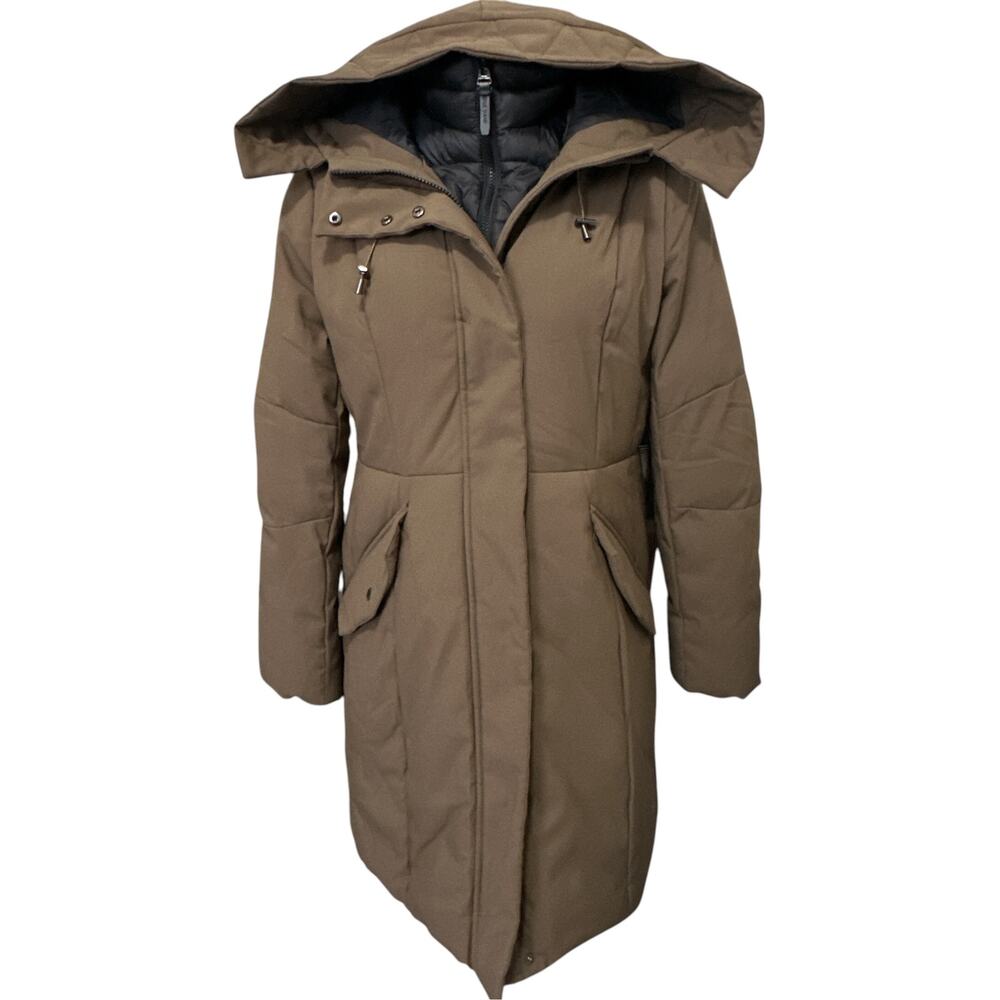 Cole Haan Signature Insulated Parka Women L Brown Winter Coat Hooded Bib Insert - Picture 3 of 9